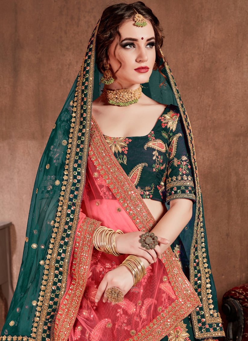 Voguish Dark Green Taffeta Silk Bridal Lehenga Choli