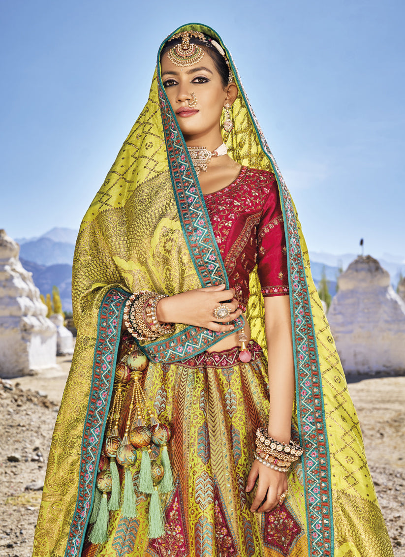 Lime Green Wedding Wear Banarasi Silk Jacquard Lehenga Choli Set