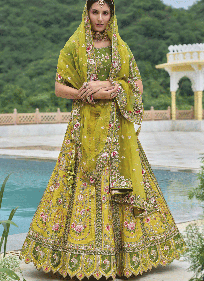 Adorable Lime Yellow Heavy Embroidered Silk Designer Lehenga Choli