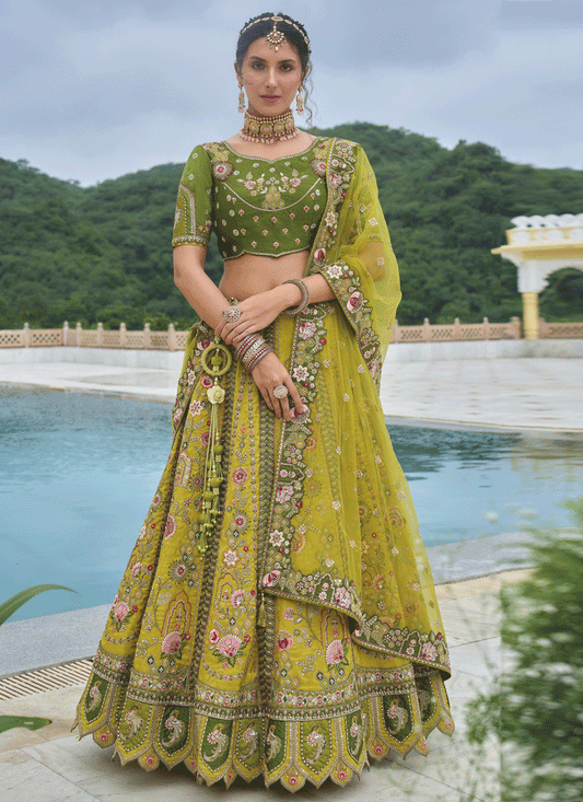 Adorable Lime Yellow Heavy Embroidered Silk Designer Lehenga Choli