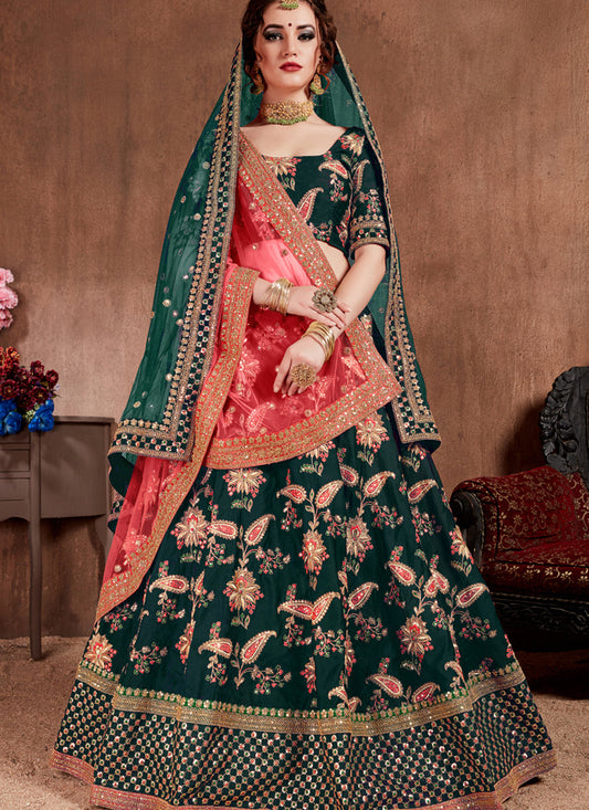 Voguish Dark Green Taffeta Silk Bridal Lehenga Choli