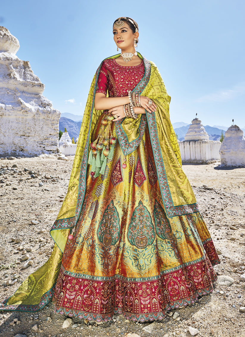 Lime Green Wedding Wear Banarasi Silk Jacquard Lehenga Choli Set