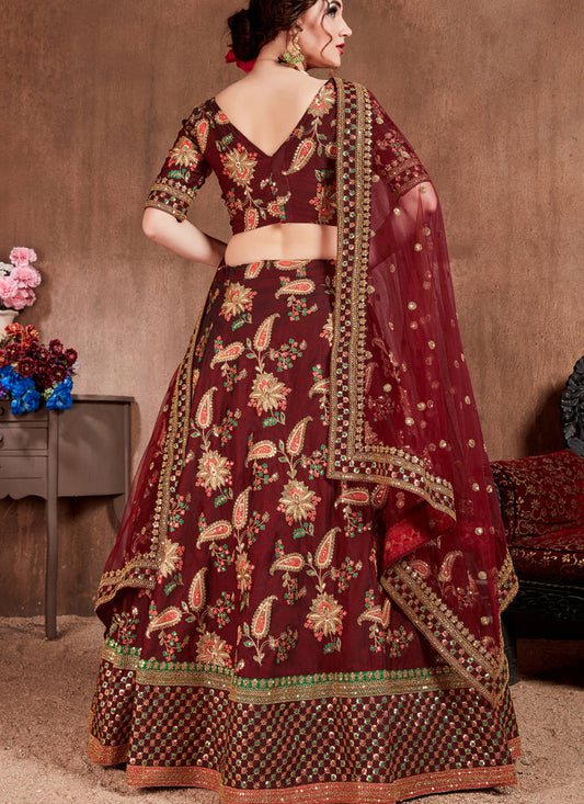 Opulent Dark Maroon Taffeta Silk Bridal Lehenga Choli