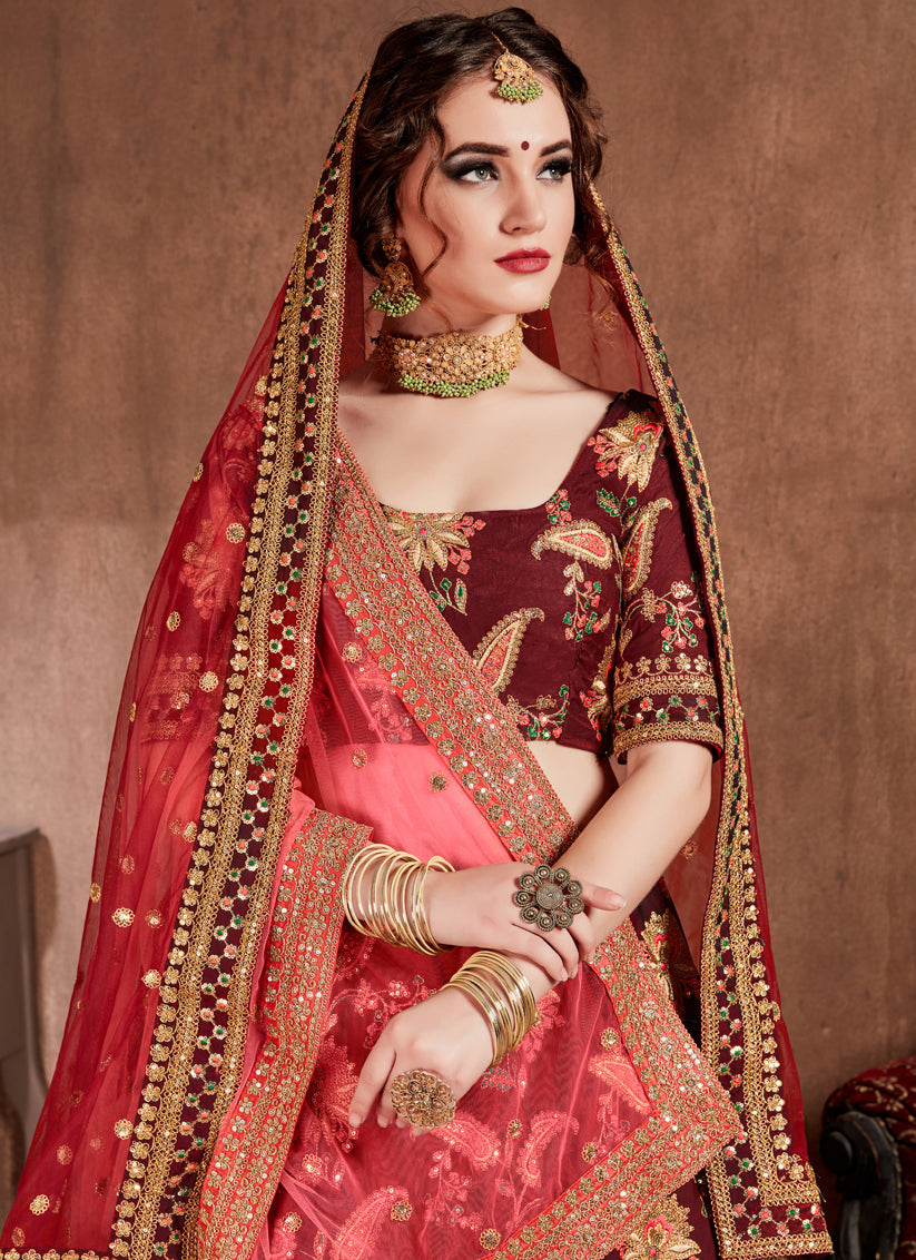 Opulent Dark Maroon Taffeta Silk Bridal Lehenga Choli