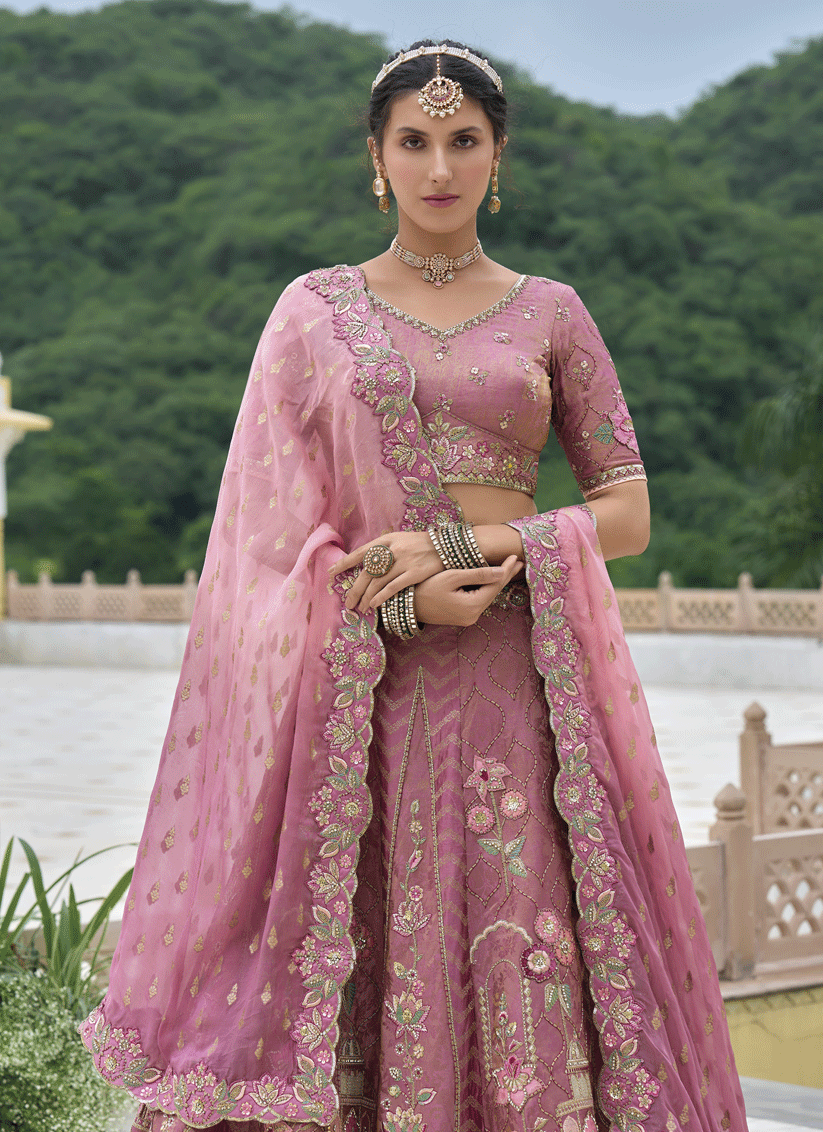 Sweet Dusty Pink Heavy Embroidered Silk Designer Lehenga Choli