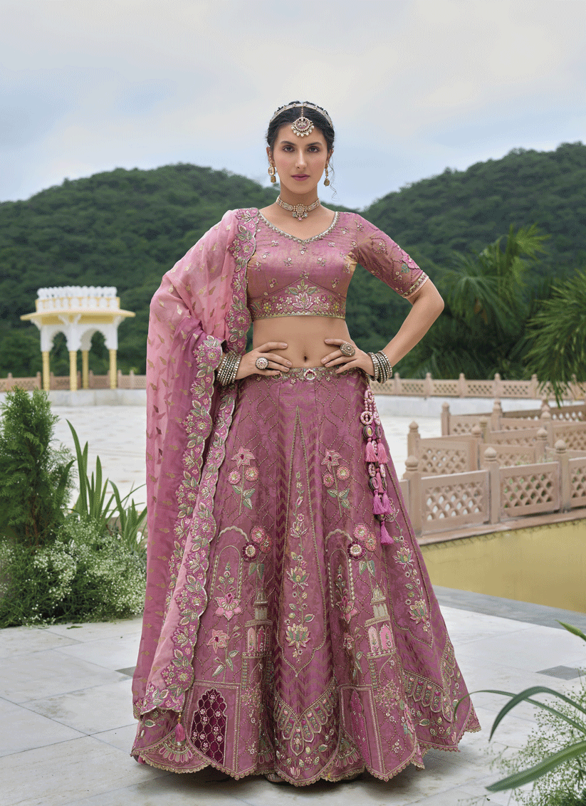 Sweet Dusty Pink Heavy Embroidered Silk Designer Lehenga Choli