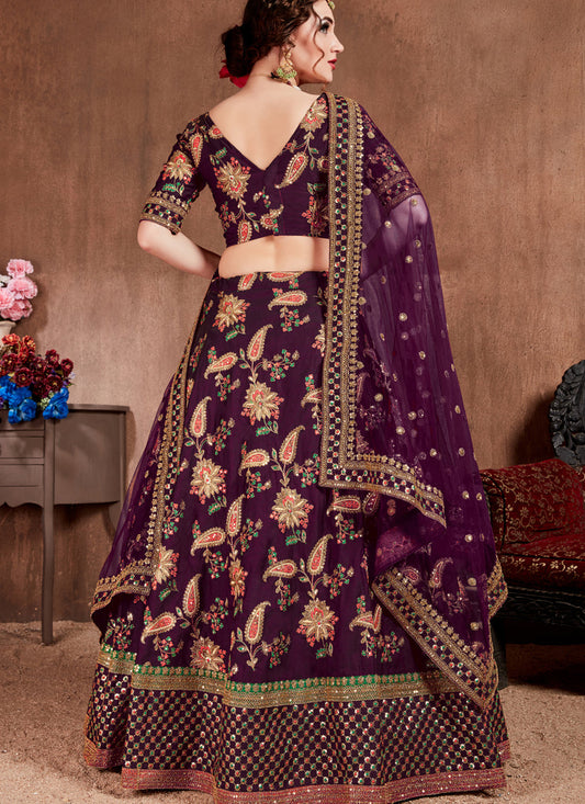 Striking Dark Purple Taffeta Silk Bridal Lehenga Choli