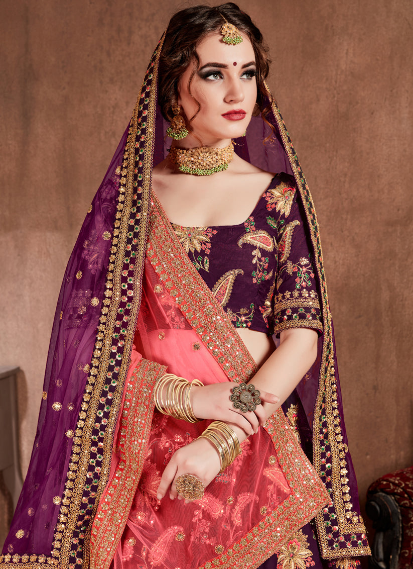 Striking Dark Purple Taffeta Silk Bridal Lehenga Choli