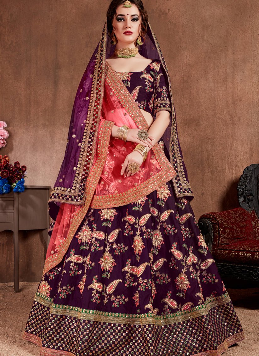 Striking Dark Purple Taffeta Silk Bridal Lehenga Choli