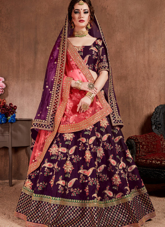 Striking Dark Purple Taffeta Silk Bridal Lehenga Choli