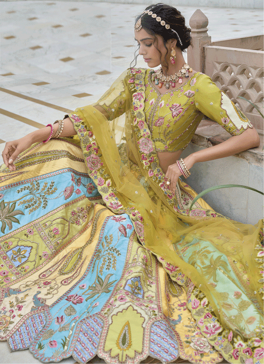 Amazing Multicolor Heavy Embroidered Silk Designer Lehenga Choli