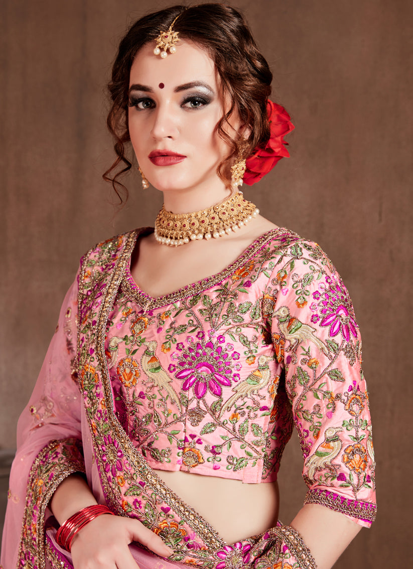 Flawless Pastel Pink Taffeta Silk Bridal Lehenga Choli