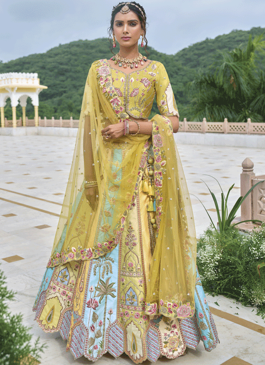 Amazing Multicolor Heavy Embroidered Silk Designer Lehenga Choli