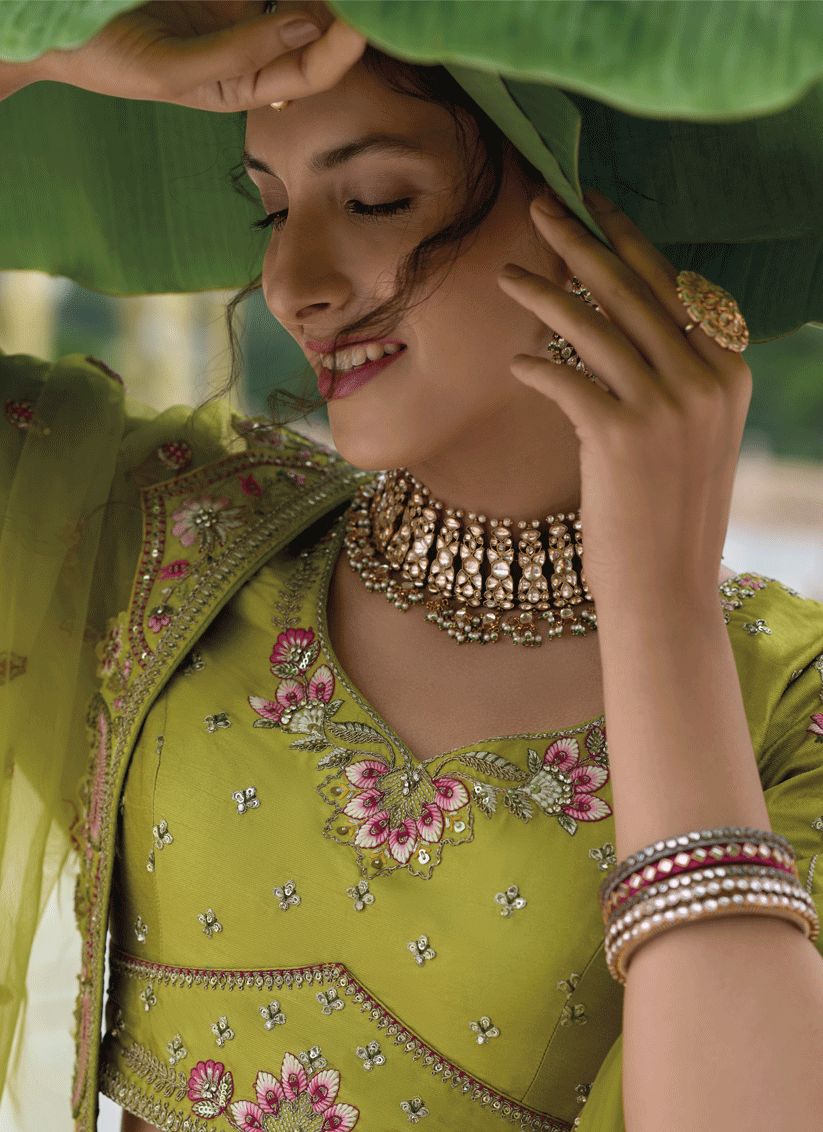 Charming Ombre Green Heavy Embroidered Silk Designer Lehenga Choli