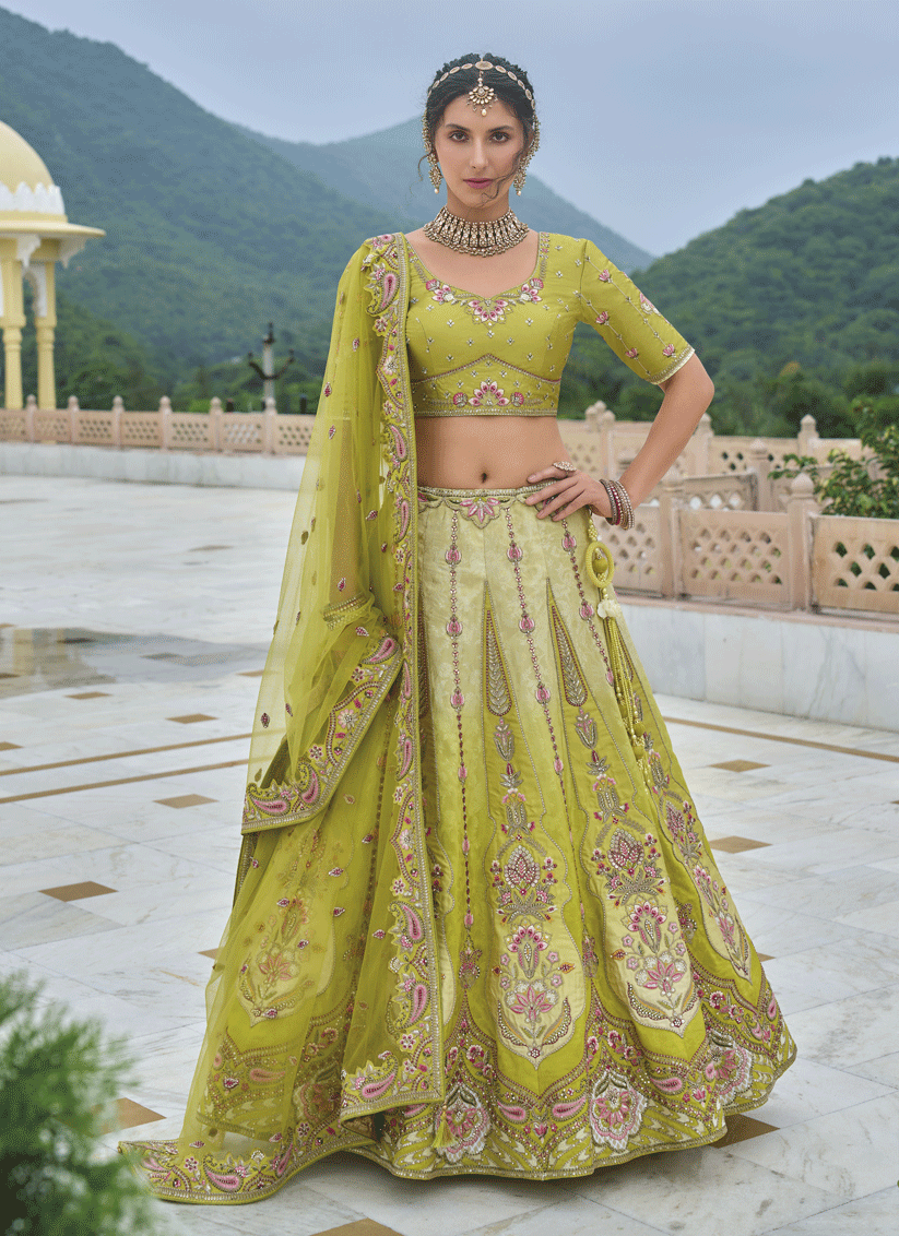 Charming Ombre Green Heavy Embroidered Silk Designer Lehenga Choli