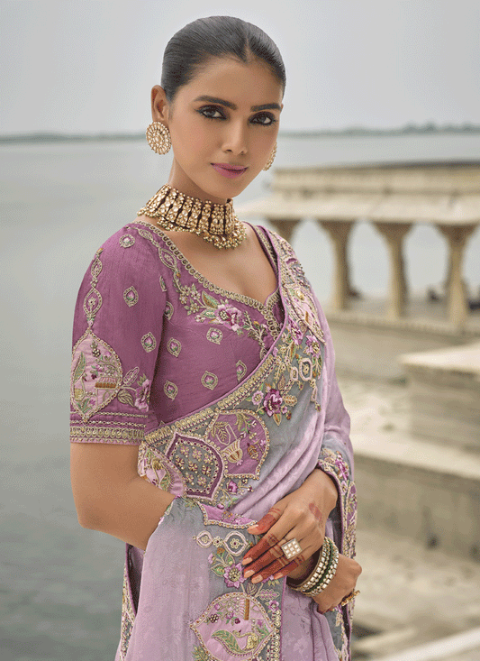 Lilac Pink Pure Viscose Handwork Jacquard Saree