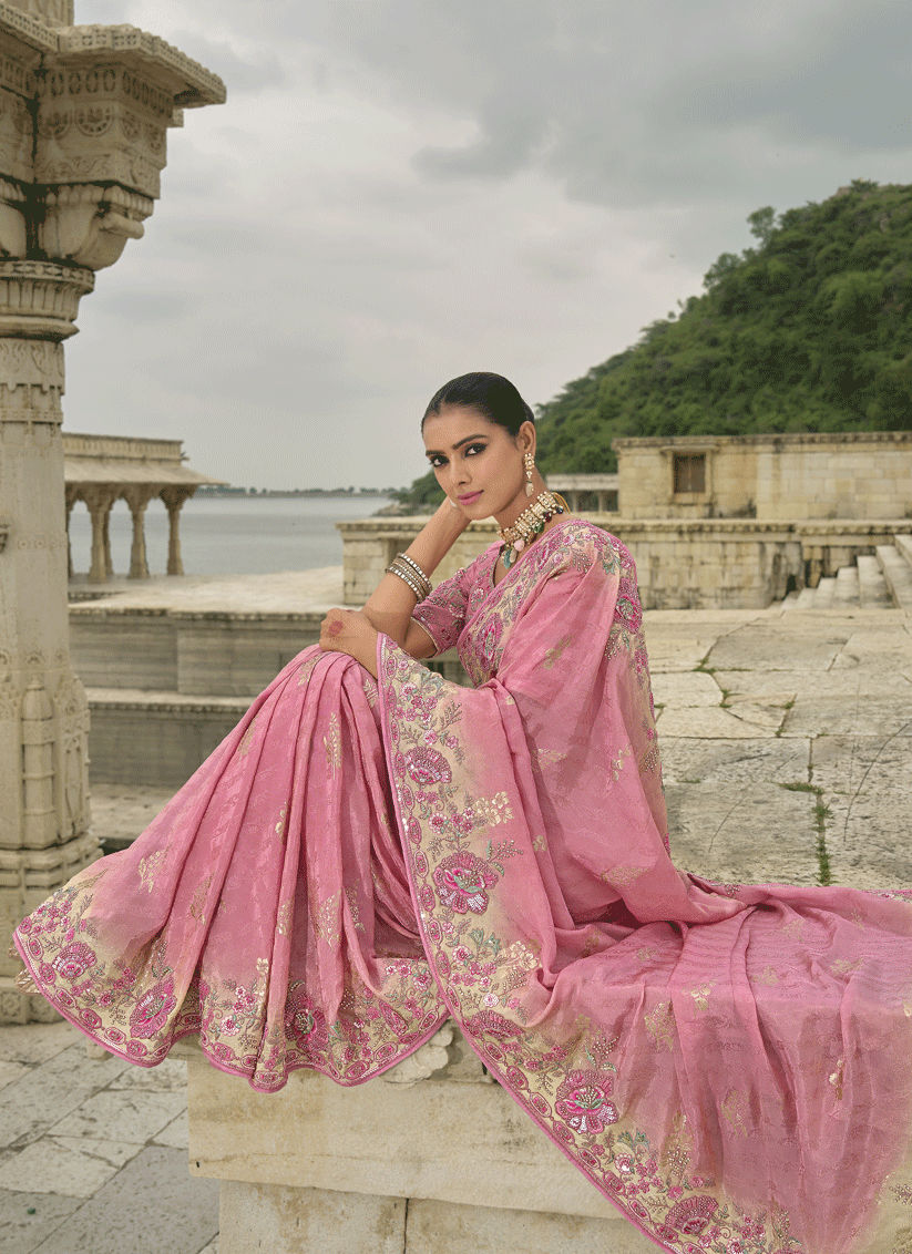 Carnation Pink Pure Viscose Handwork Jacquard Saree