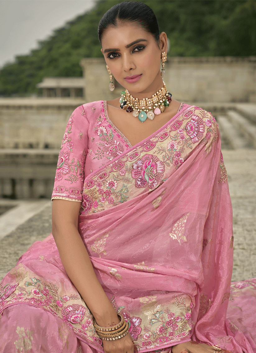 Carnation Pink Pure Viscose Handwork Jacquard Saree