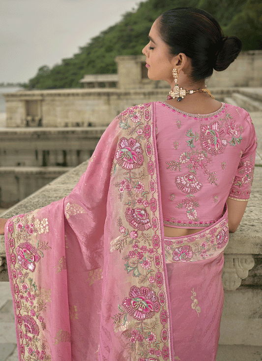Carnation Pink Pure Viscose Handwork Jacquard Saree