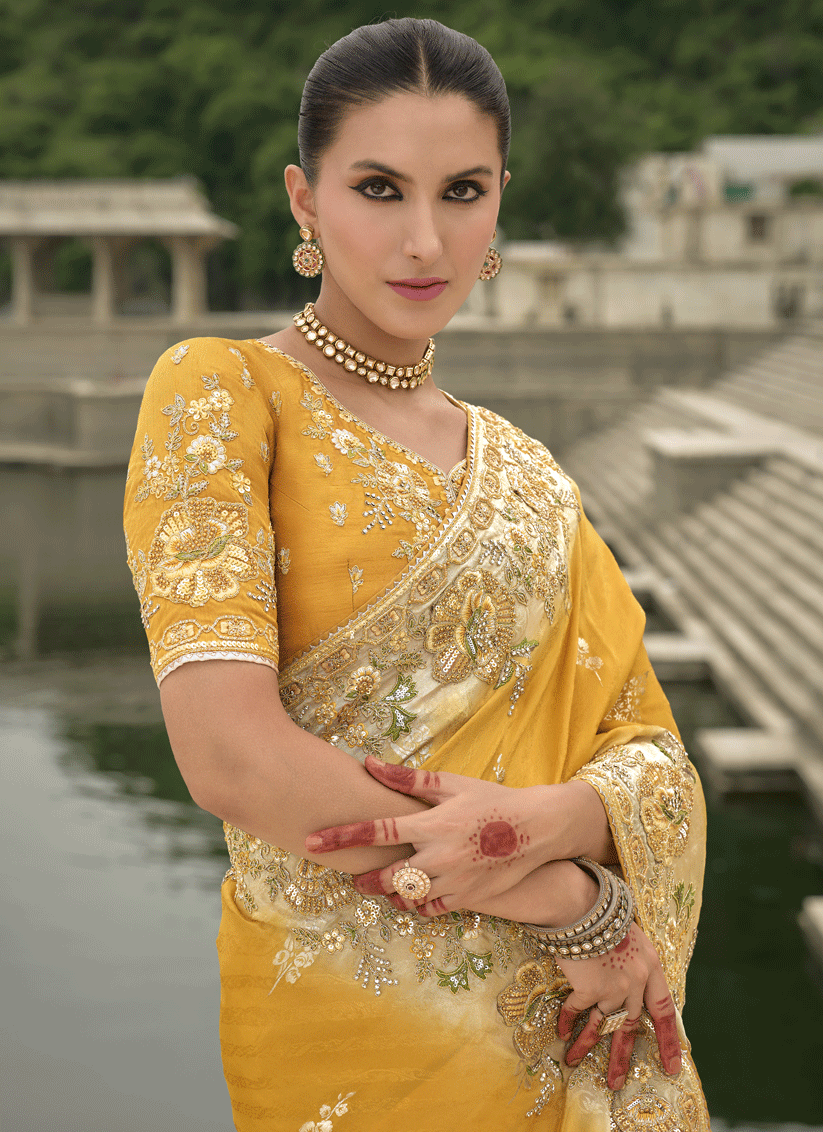 Mustard Yellow Pure Viscose Handwork Jacquard Saree