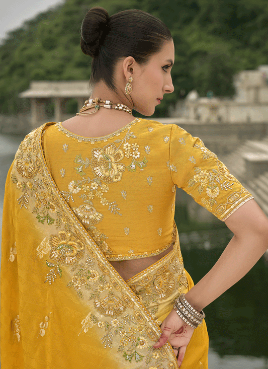 Mustard Yellow Pure Viscose Handwork Jacquard Saree
