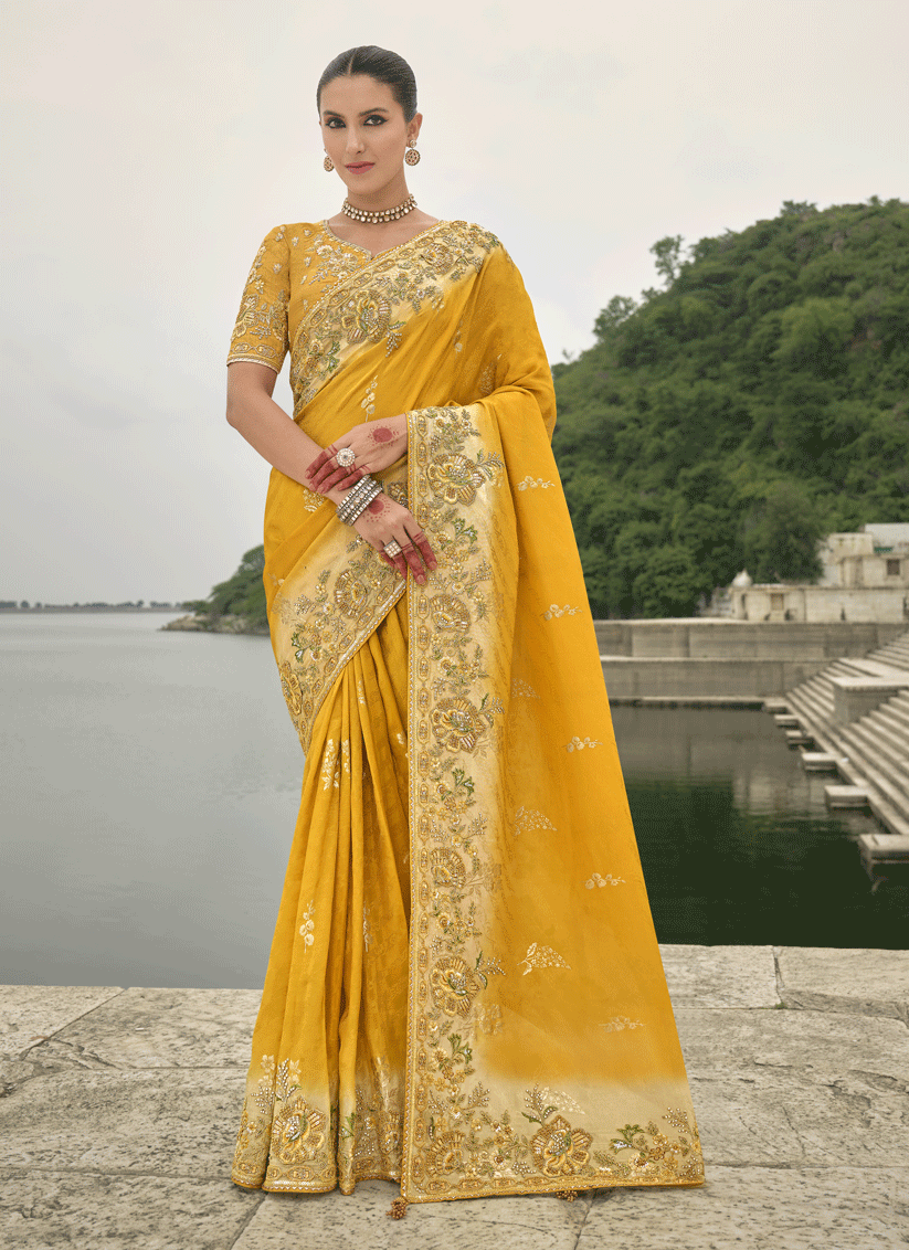 Mustard Yellow Pure Viscose Handwork Jacquard Saree