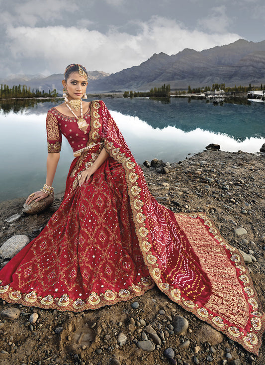 Maroon Heavy Bandhej Designer Saree