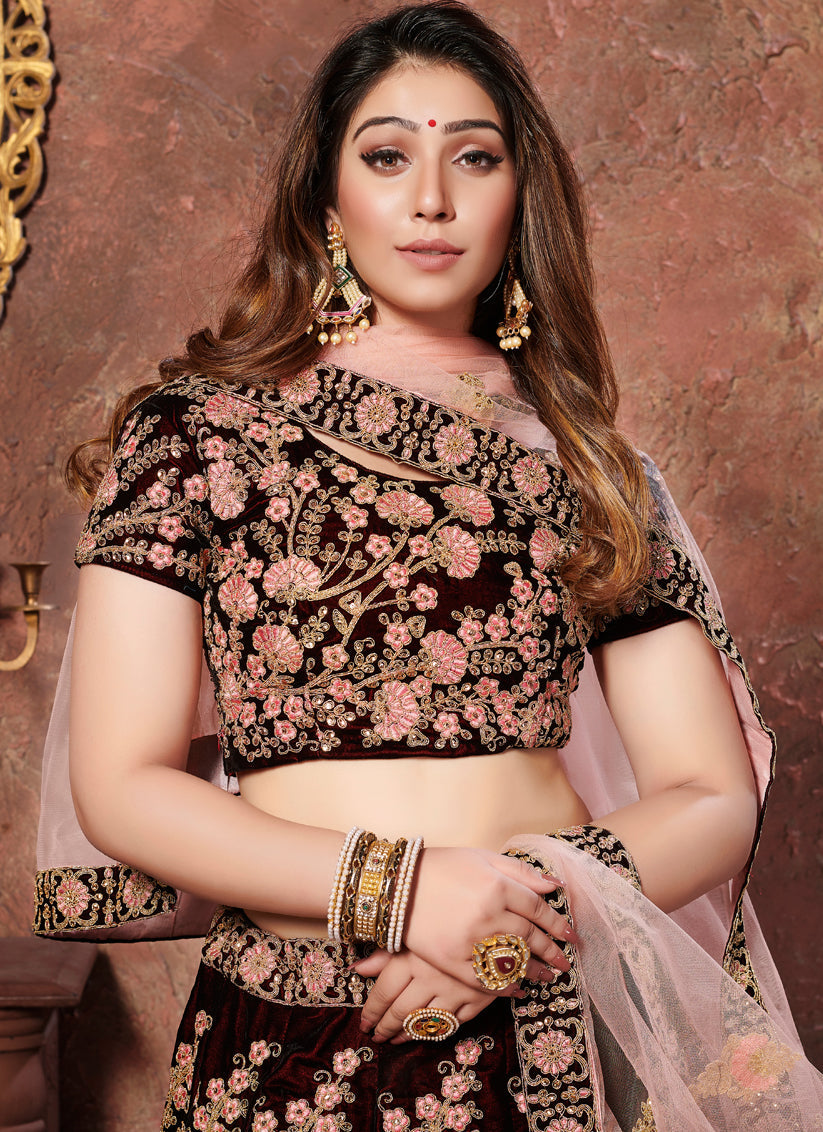 Astonishing Maroon Velvet Embroidered Wedding Lehenga Choli