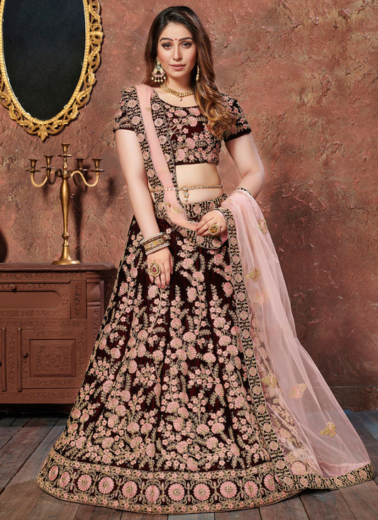 Astonishing Maroon Velvet Embroidered Wedding Lehenga Choli