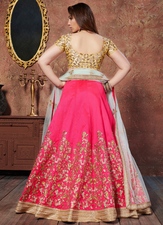 Stunning Yellow and Pink Mulberry Silk Embroidered Wedding Lehenga Choli