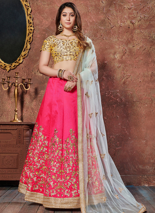 Stunning Yellow and Pink Mulberry Silk Embroidered Wedding Lehenga Choli