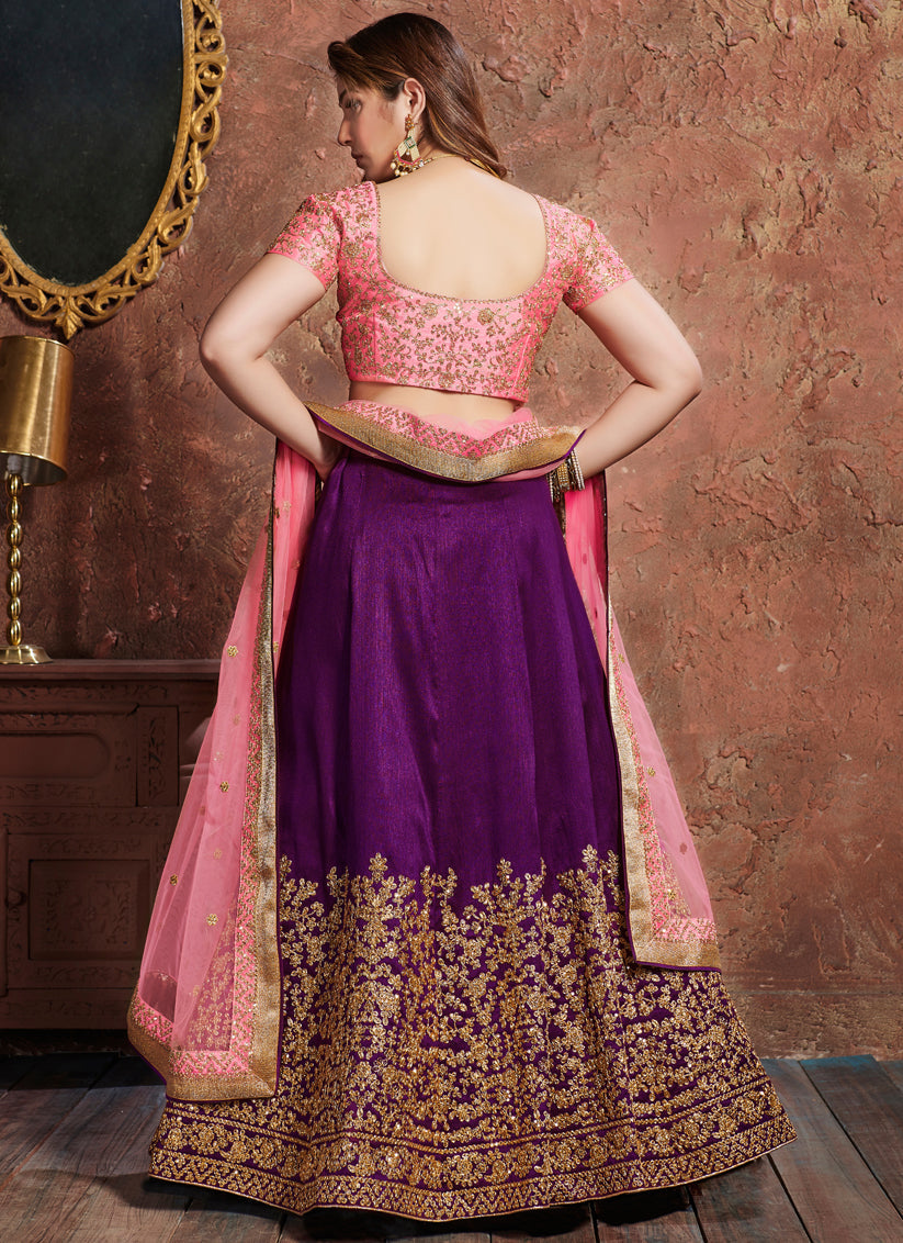 Awesome Purple Mulberry Silk Embroidered Wedding Lehenga Choli
