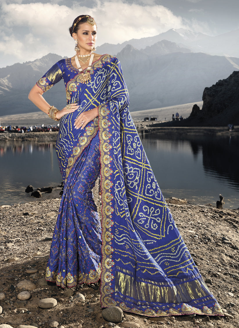 Royal Blue Heavy Bandhej Designer Saree