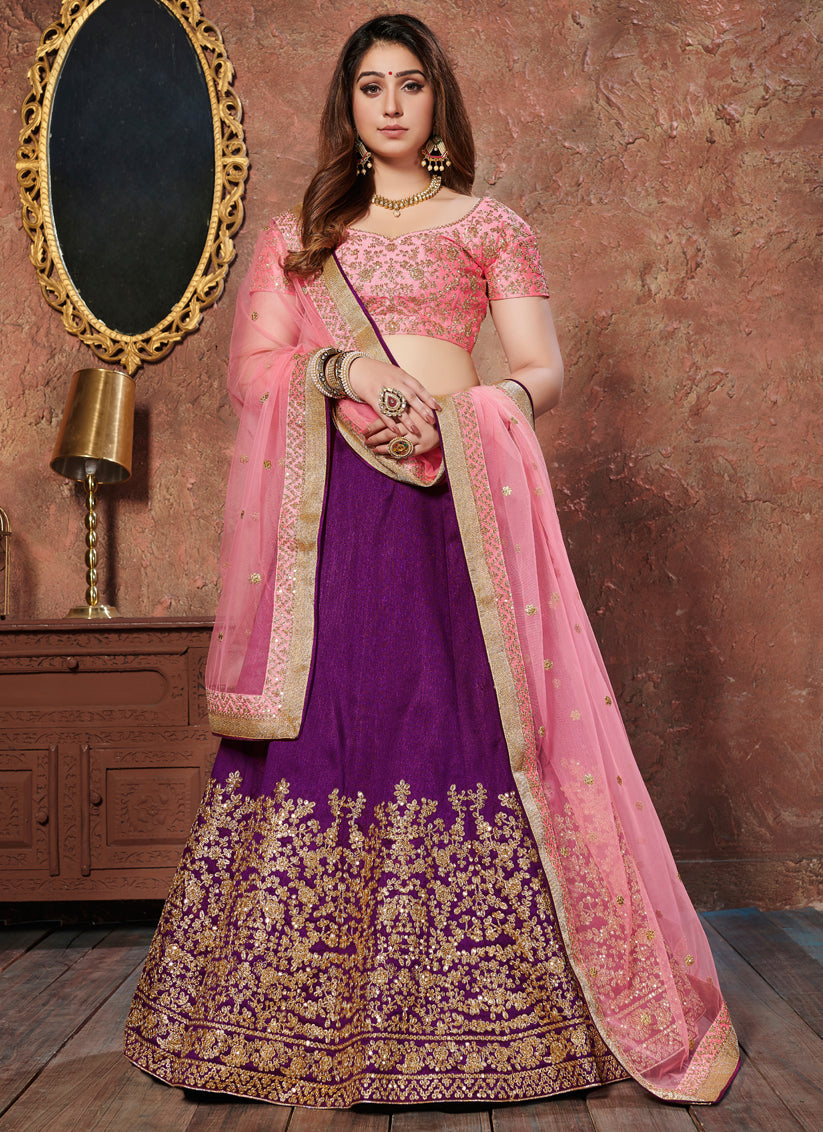 Awesome Purple Mulberry Silk Embroidered Wedding Lehenga Choli