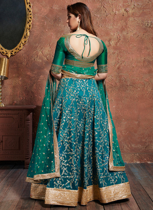Elegant Turquoise Art Silk Embroidered Wedding Lehenga Choli