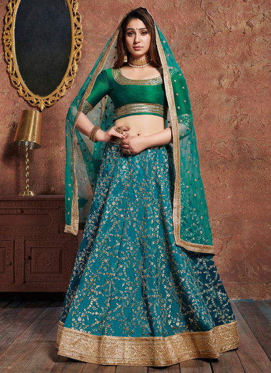 Elegant Turquoise Art Silk Embroidered Wedding Lehenga Choli