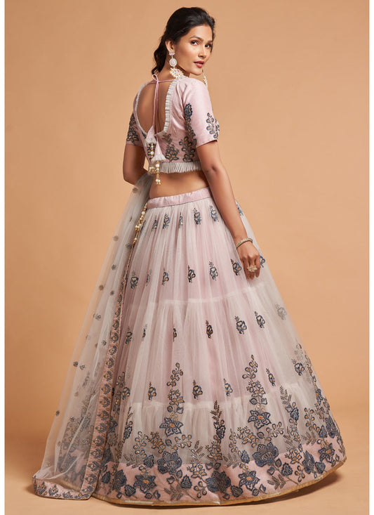 Delightful Ash Grey Net Embroidered Designer Lehenga Choli