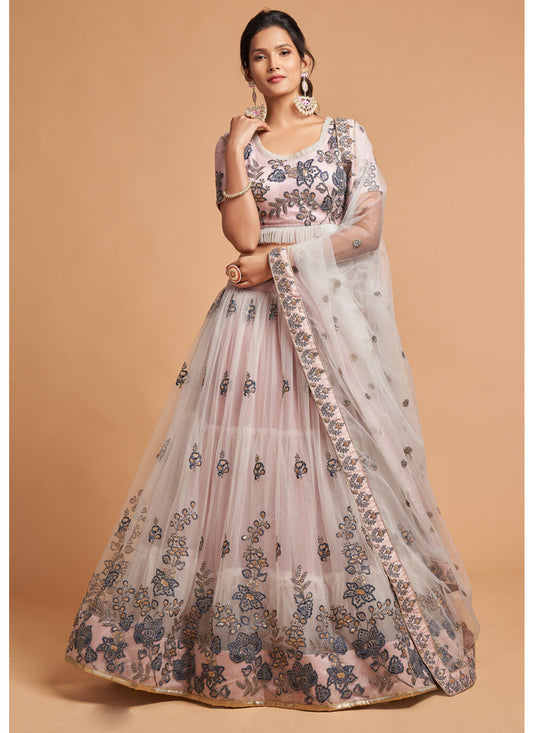Delightful Ash Grey Net Embroidered Designer Lehenga Choli