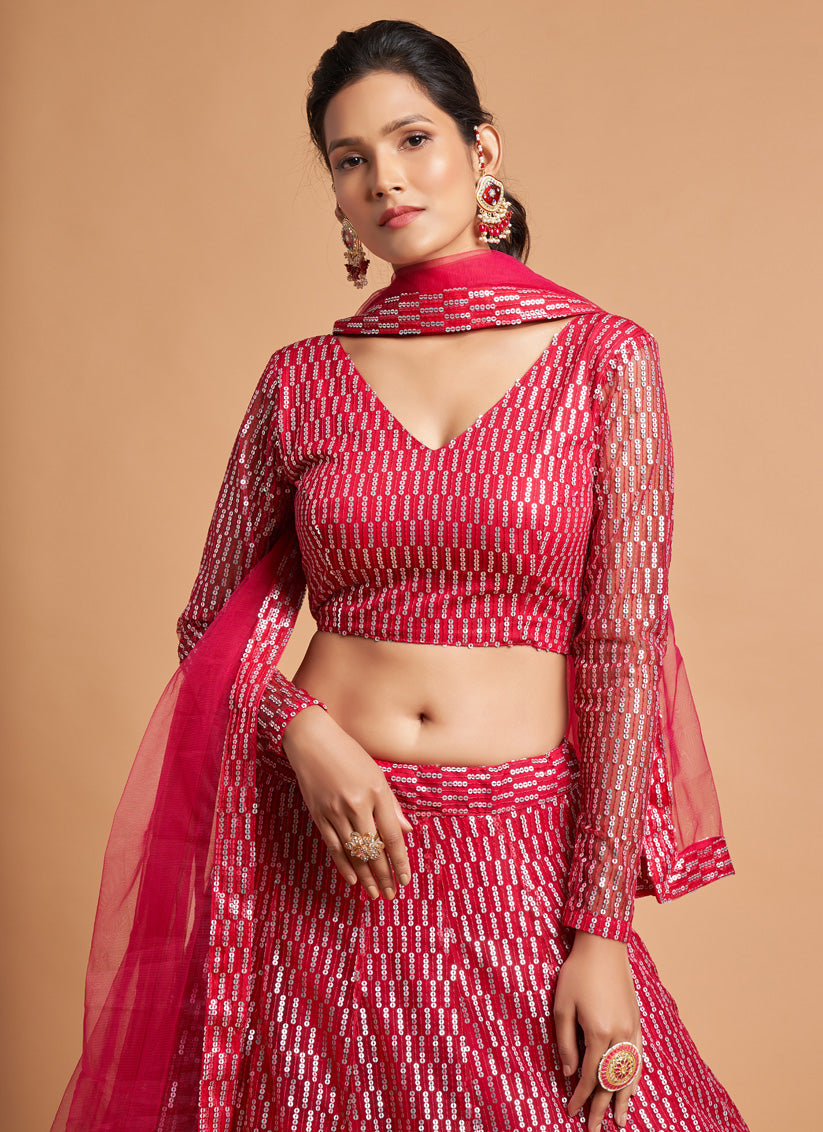 Wonderful Hot Pink Net Embroidered Designer Lehenga Choli