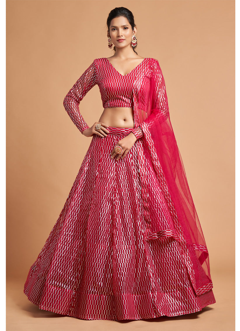 Wonderful Hot Pink Net Embroidered Designer Lehenga Choli