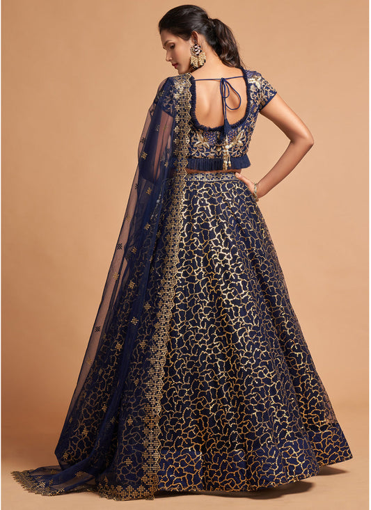 Glamorous Navy Blue Net Embroidered Designer Lehenga Choli