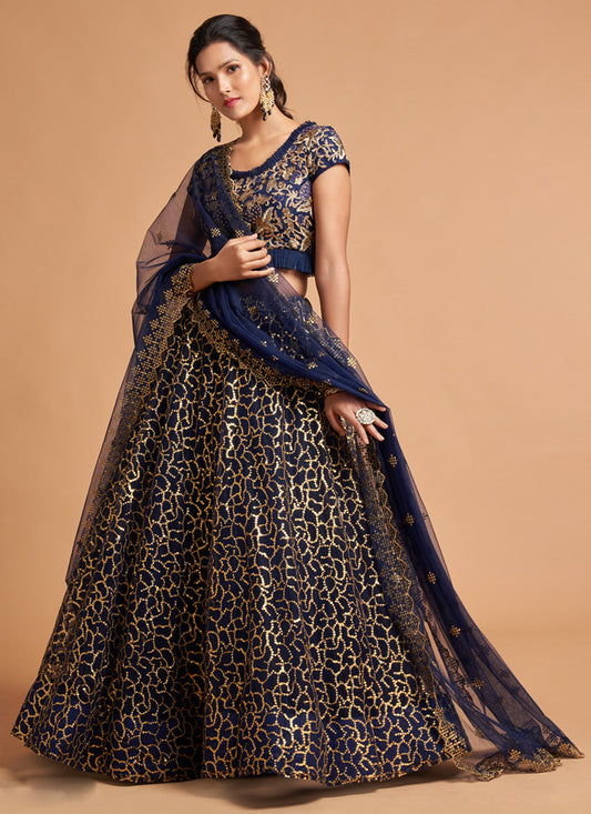 Glamorous Navy Blue Net Embroidered Designer Lehenga Choli