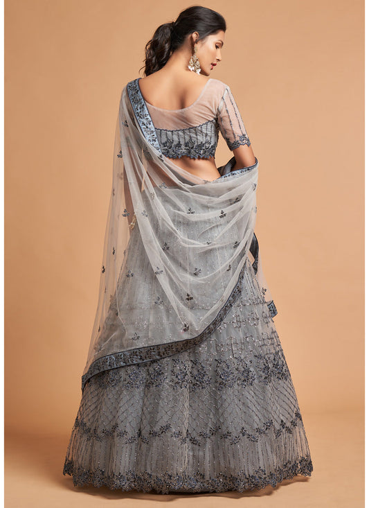Magnetic Smoke Grey Net Embroidered Designer Lehenga Choli