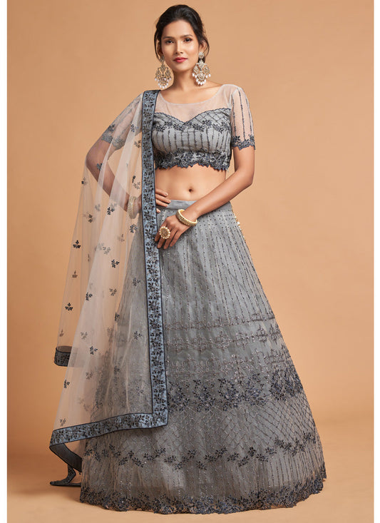 Magnetic Smoke Grey Net Embroidered Designer Lehenga Choli