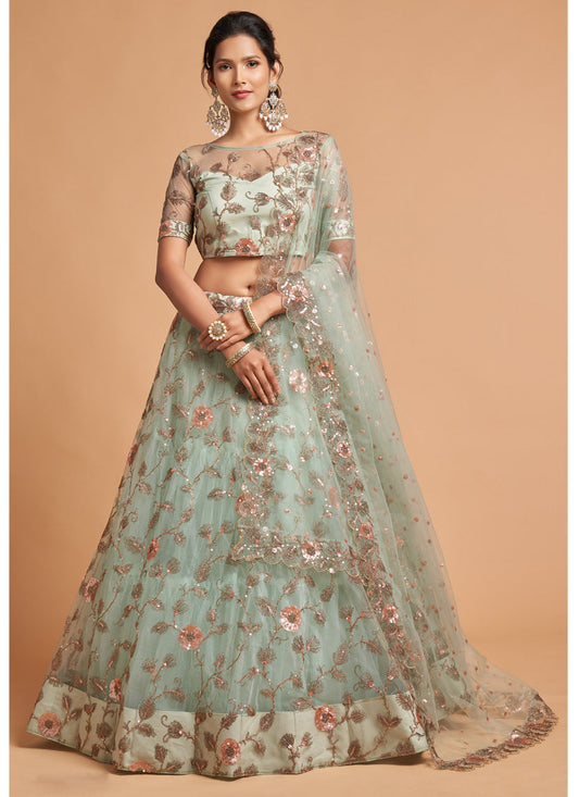 Mesmerizing Mint Blue Net Embroidered Designer Lehenga Choli
