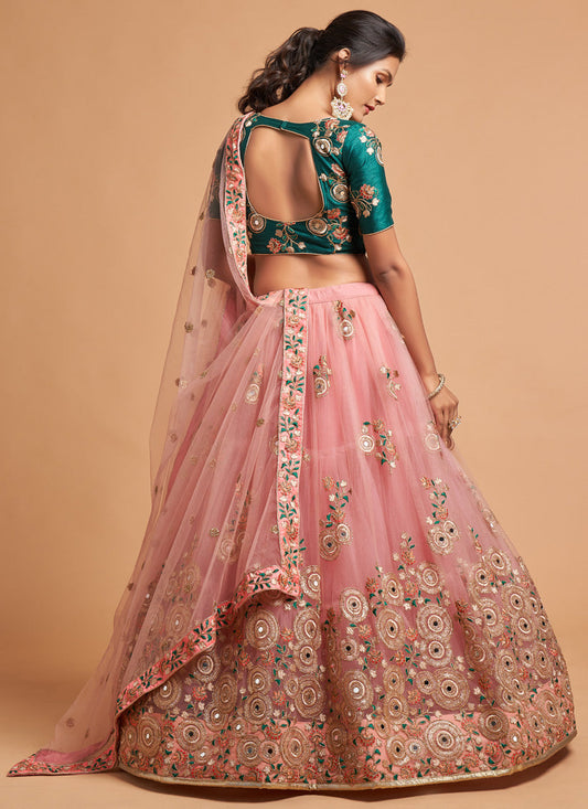 Adorable Coral Pink Net Embroidered Designer Lehenga Choli