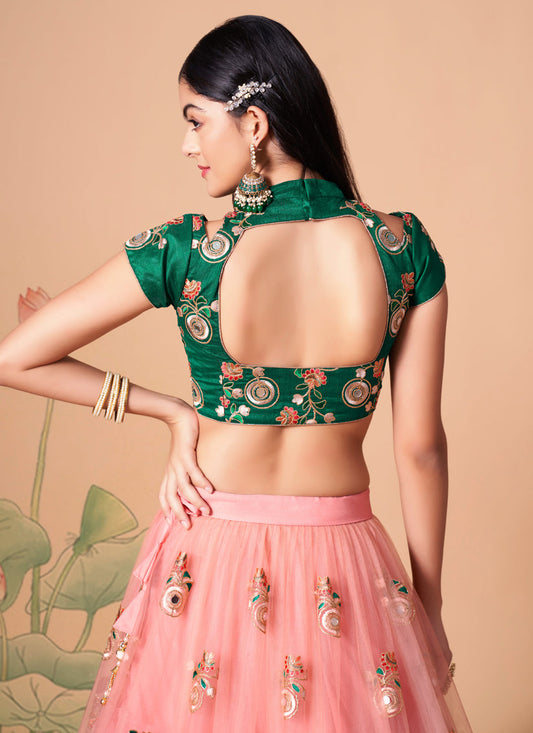 Alluring Coral Pink Net Embroidered Designer Lehenga Choli