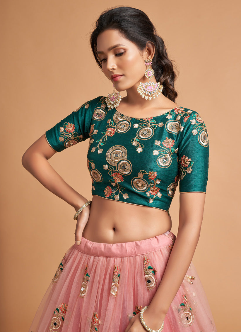 Adorable Coral Pink Net Embroidered Designer Lehenga Choli