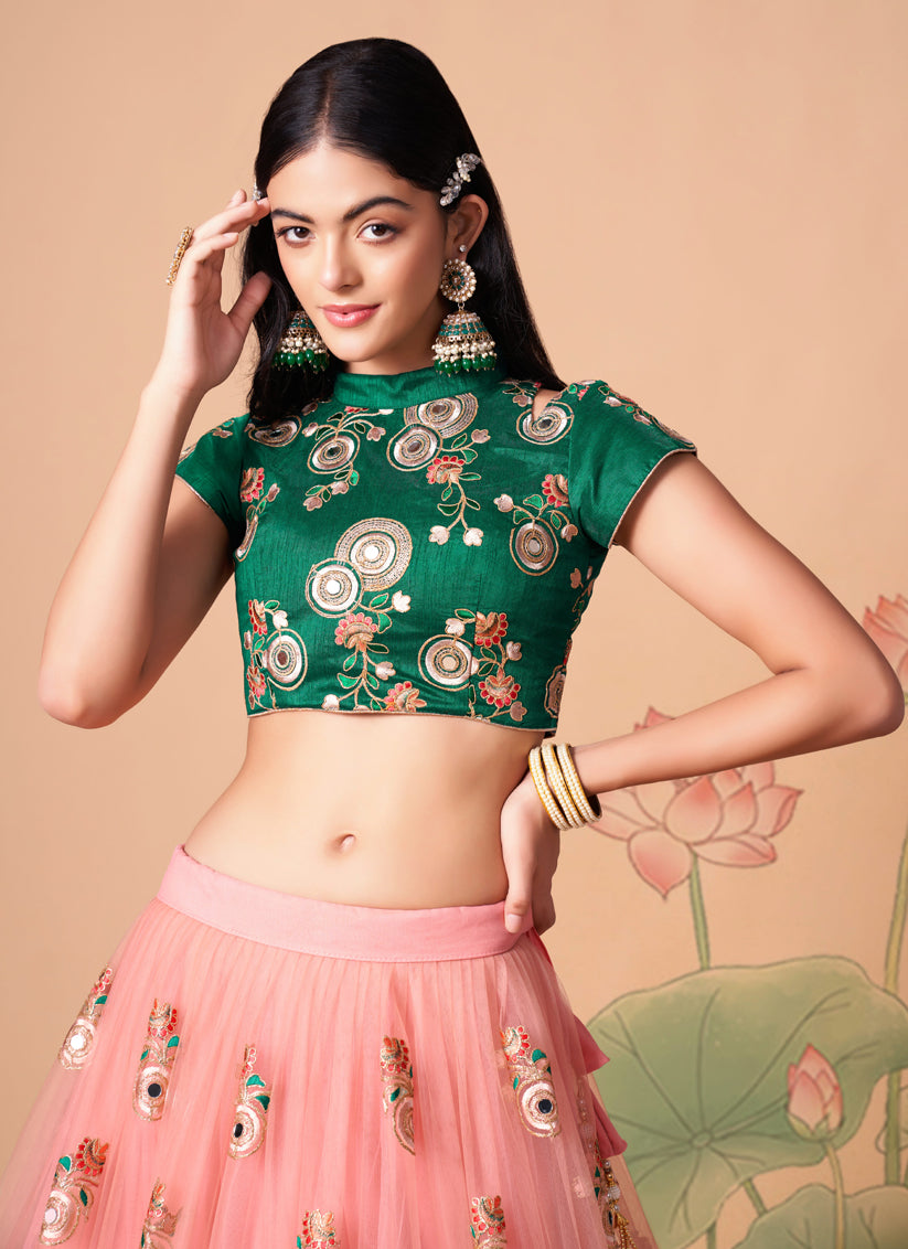 Alluring Coral Pink Net Embroidered Designer Lehenga Choli