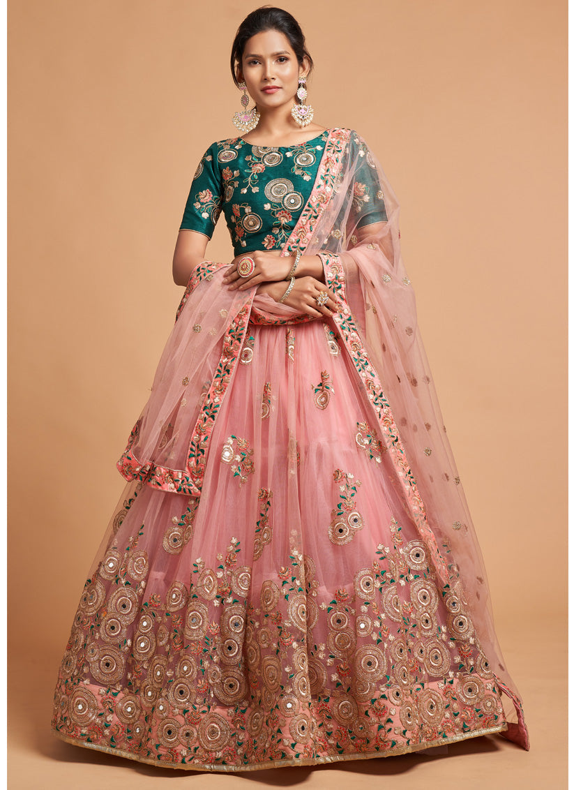 Adorable Coral Pink Net Embroidered Designer Lehenga Choli